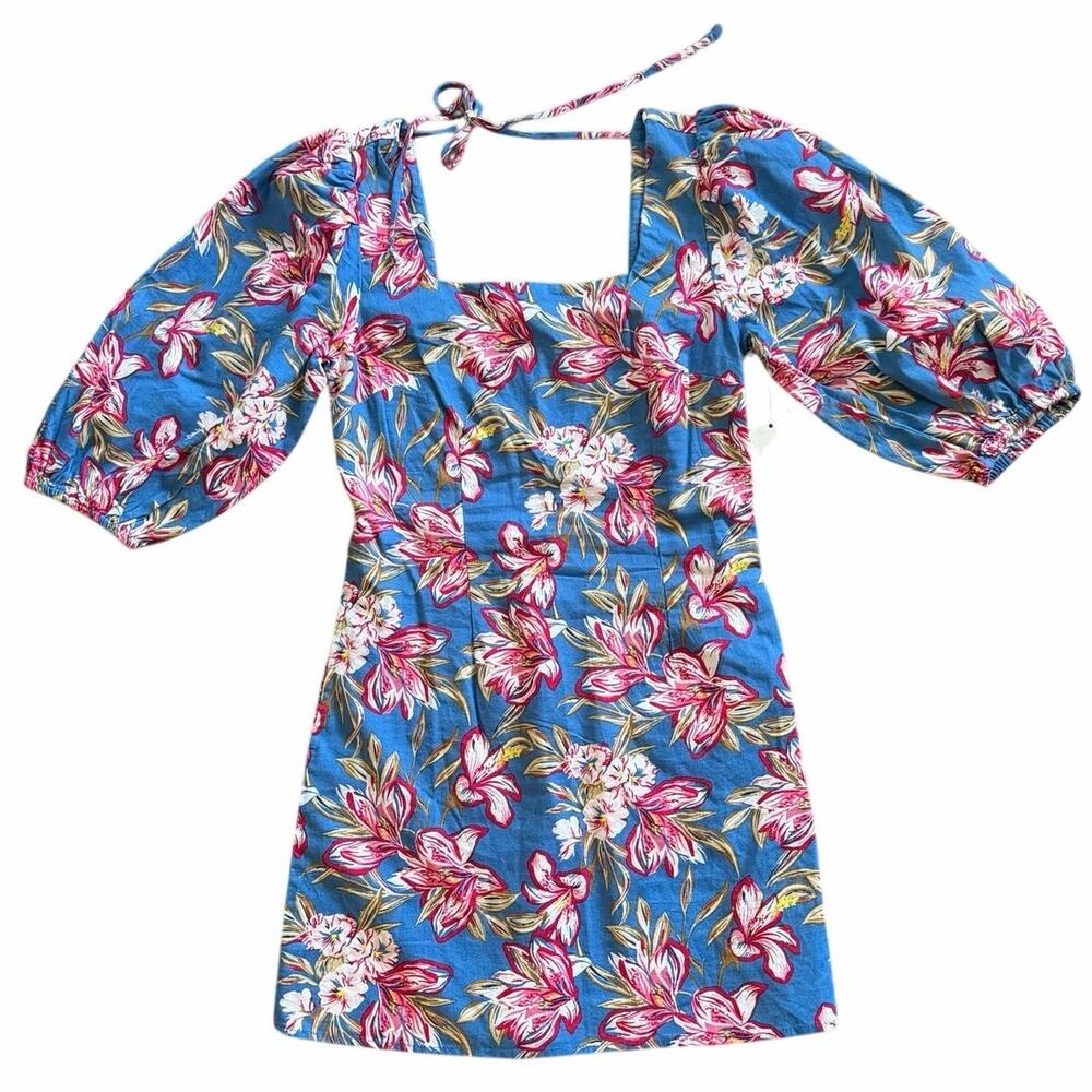 A New Day Blue Floral Linen Blend Puff Sleeve Mini Dress XS NWT